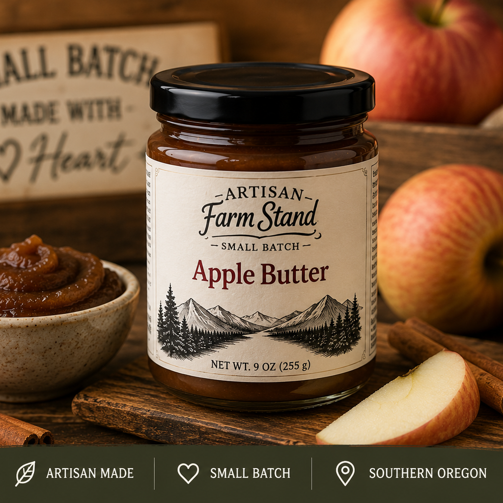 Jar of Artisan Farm Stand Apple Butter with apples and a sign in the background
