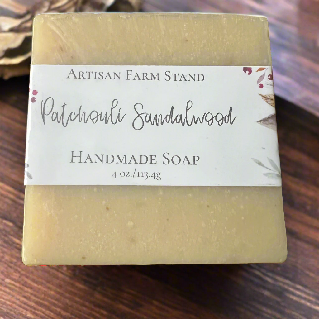 Patchouli Sandalwood Bar Soap with natural ingredients and rustic artisan label.