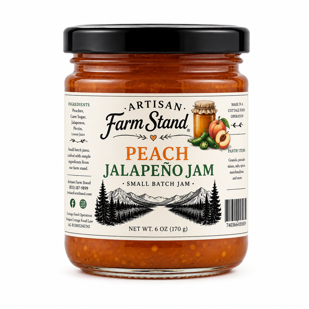 A jar of Artisan Farm Stand Peach Jalapeño Jam on a clean white background. The jar has a black lid and a cream-colored label with illustrations of peaches, jalapeños, and a mountain landscape.