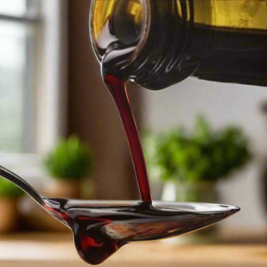 Aged balsamic vinegar pouring from bottle into spoon.
