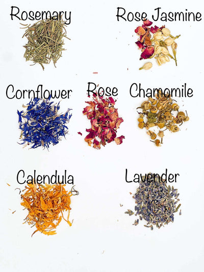 Artisan Farm Stand Bath Salts with natural botanicals like rosemary, rose jasmine, cornflower, chamomile, calendula, and lavender.