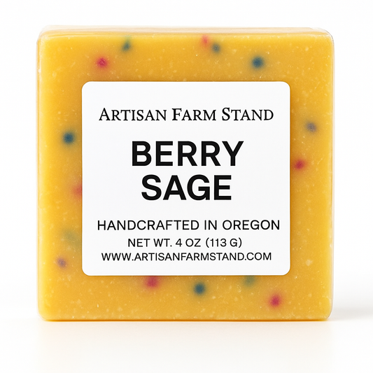Yellow soap bar with colorful specks and a label from Artisan Farm Stand on a white background