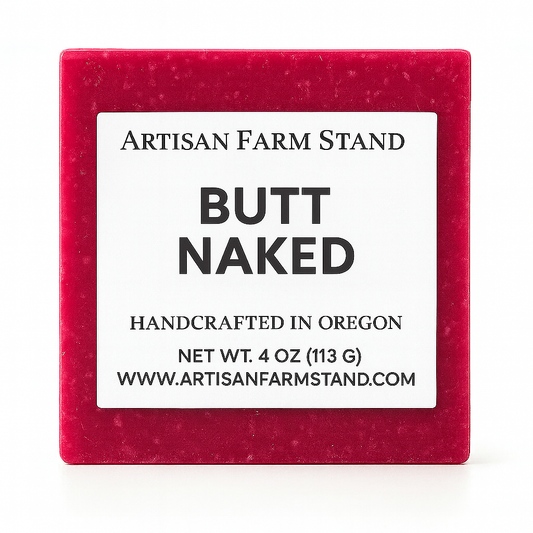 Red soap bar with 'Butt Naked' label and Artisan Farm Stand branding on a white background