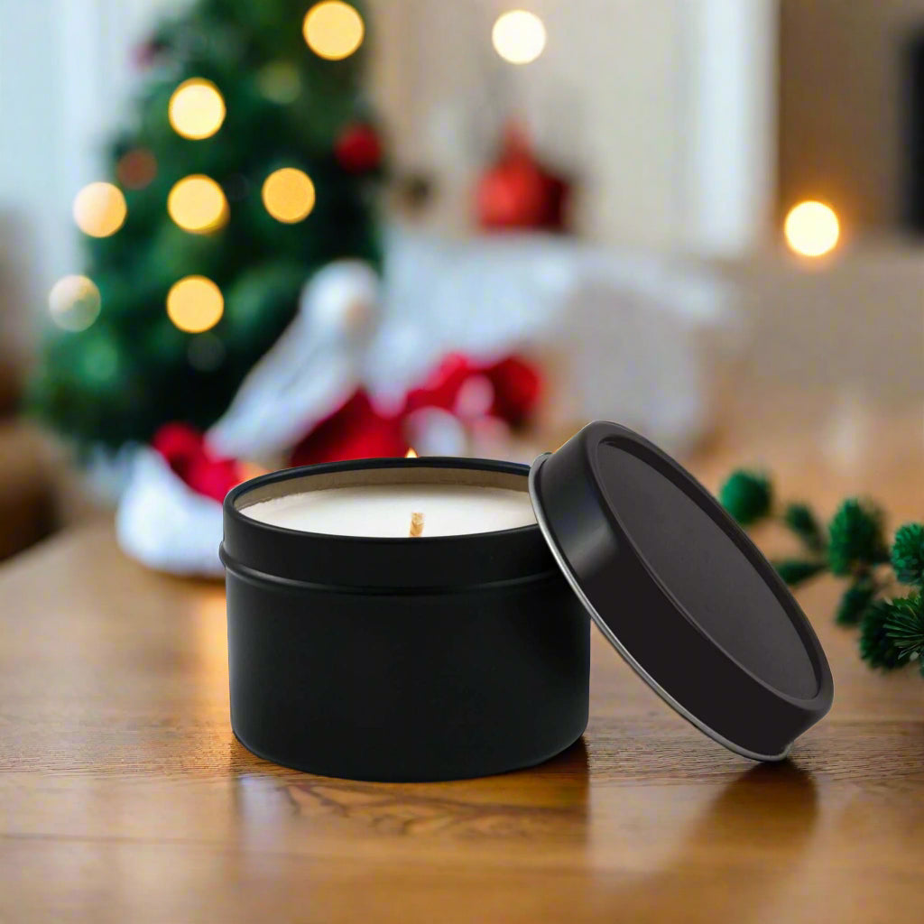 Christmas Tree Candle in 4 oz tin, soy wax, holiday pine scent.