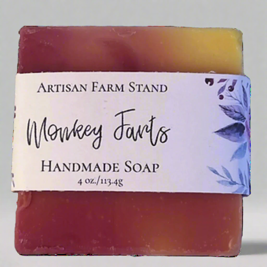 Handmade Monkey Farts Bar Soap with tropical fruit fragrance and nourishing oils.