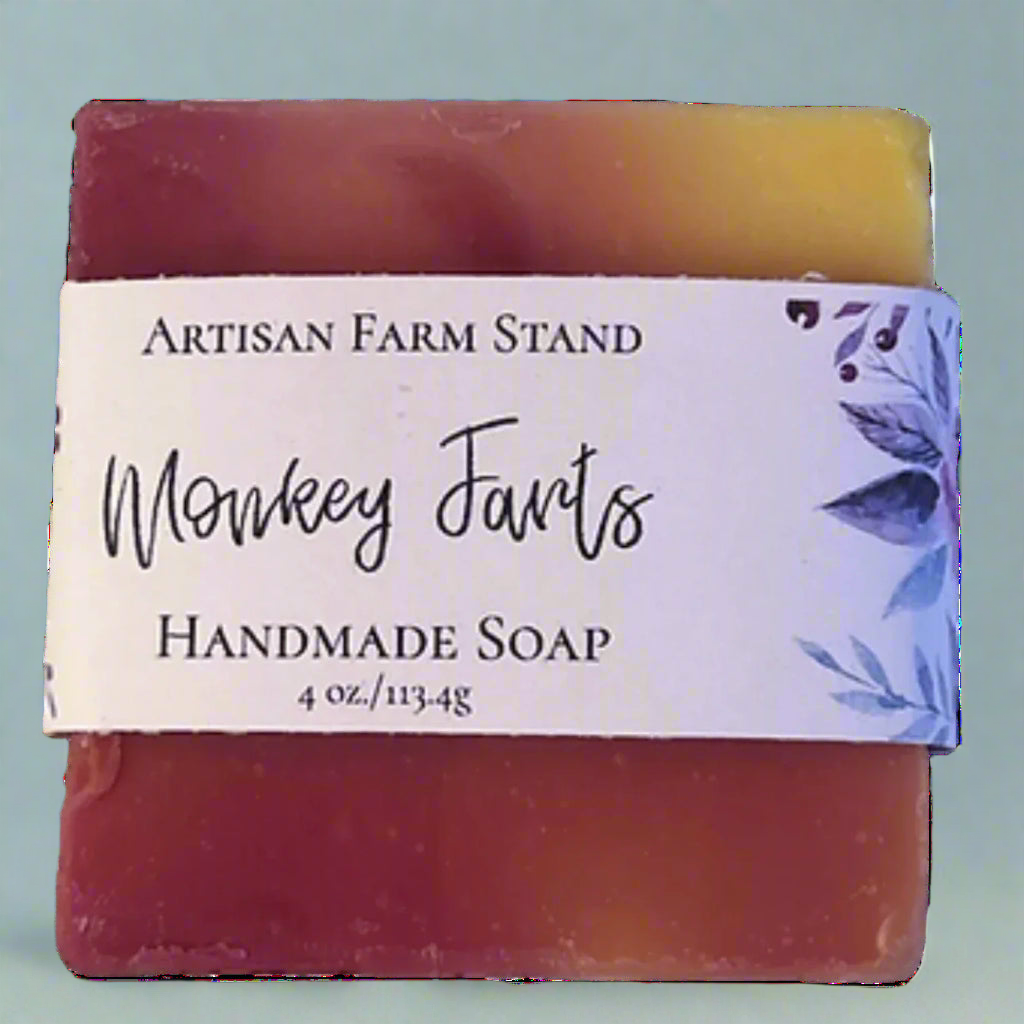 Handmade Monkey Farts Bar Soap with tropical fruit fragrance and nourishing oils.