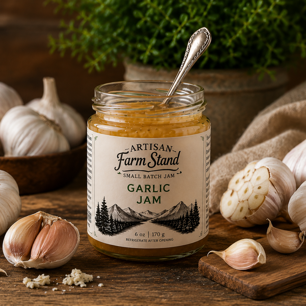 Jar of Artisan Farm Stand Garlic Jam surrounded by garlic bulbs on a wooden surface.
