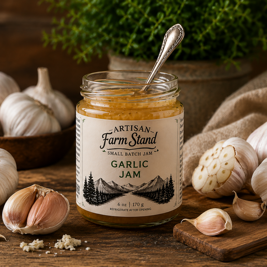 Jar of Artisan Farm Stand Garlic Jam surrounded by garlic bulbs on a wooden surface.