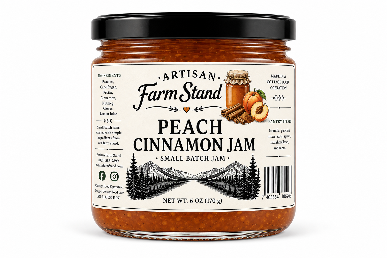 A jar of Artisan Farm Stand Peach Cinnamon Jam on a clean white background. The jar has a black lid and a white label featuring black text, a mountain illustration, and an illustration of peaches and cinnamon sticks.