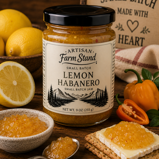 Jar of Lemon Habanero sauce from Artisan Farm Stand with lemons, habanero peppers, and a small bowl of sauce on a wooden surface.