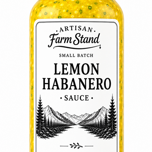 A glass jar of Artisan Farm Stand Lemon Habanero Sauce with a black lid and a white label featuring a black mountain and pine illustration.