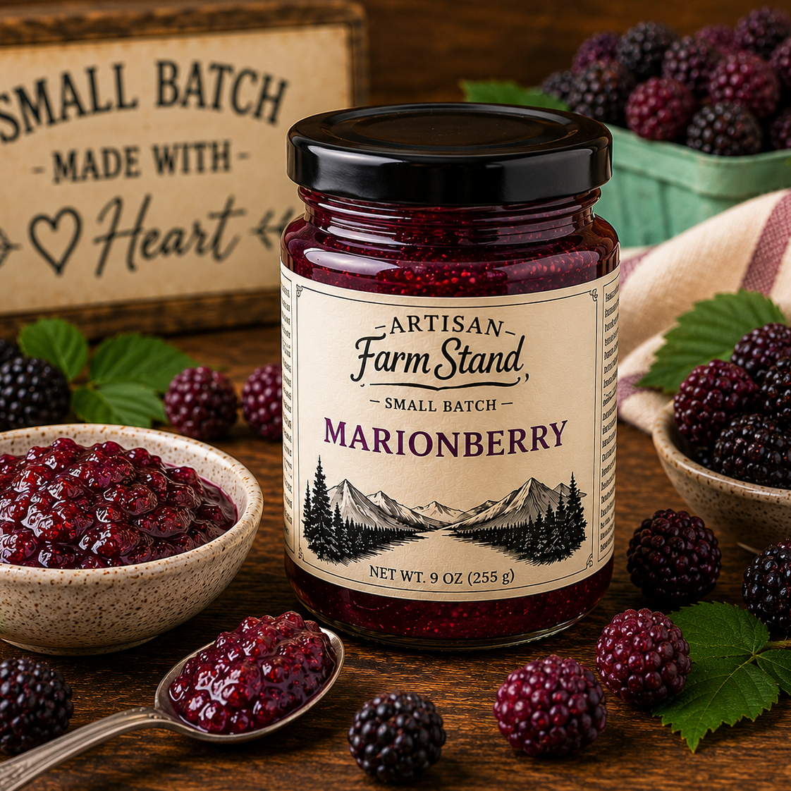 Jar of Artisan Farm Stand Marionberry jam with marionberries and a wooden sign in the background.