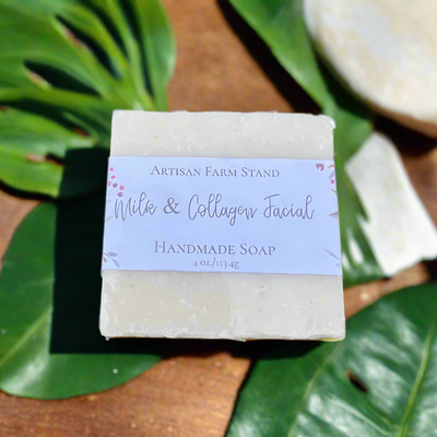 Artisan Farm Milk & Collagen Facial Soap bar featuring a creamy texture and natural ingredients, designed to nourish and hydrate the skin