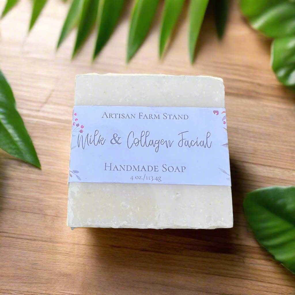 Artisan Farm Milk & Collagen Facial Soap bar featuring a creamy texture and natural ingredients, designed to nourish and hydrate the skin