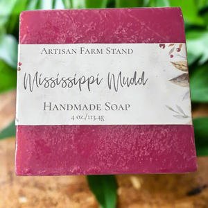 Handmade soap bar - Mississippi Mudd by Artisan Farm Stand, 4 oz, pink packaging.
