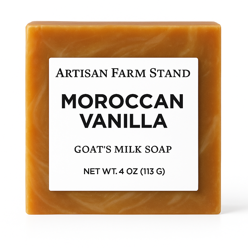 Bar of Moroccan Vanilla goat's milk soap with a label on a white background