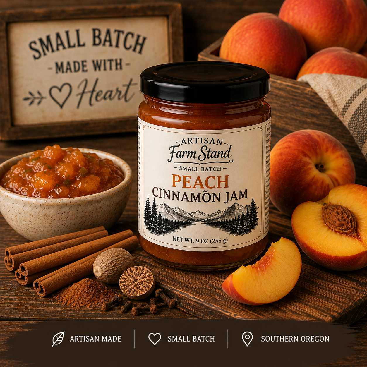 A jar of Artisan Farm Stand Small Batch Peach Cinnamon Jam is displayed on a rustic wooden table with fresh peaches, cinnamon sticks, a bowl of jam, and a sign reading 'Small Batch Made with Heart'.