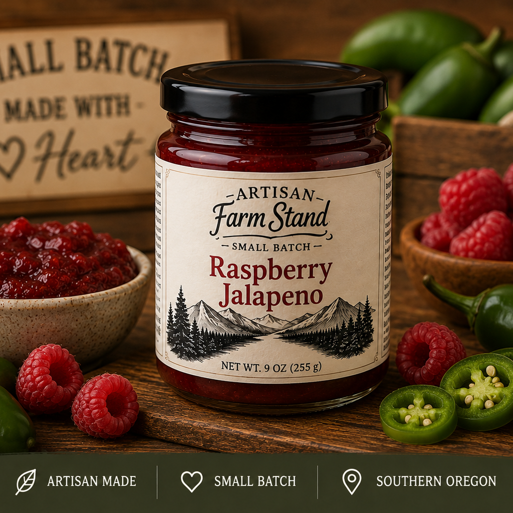 A jar of Artisan Farm Stand Raspberry Jalapeño jam is centered on a rustic wooden surface, surrounded by fresh raspberries, sliced jalapeños, and bowls of ingredients. A wooden sign in the background reads 'Small Batch Made with Heart.