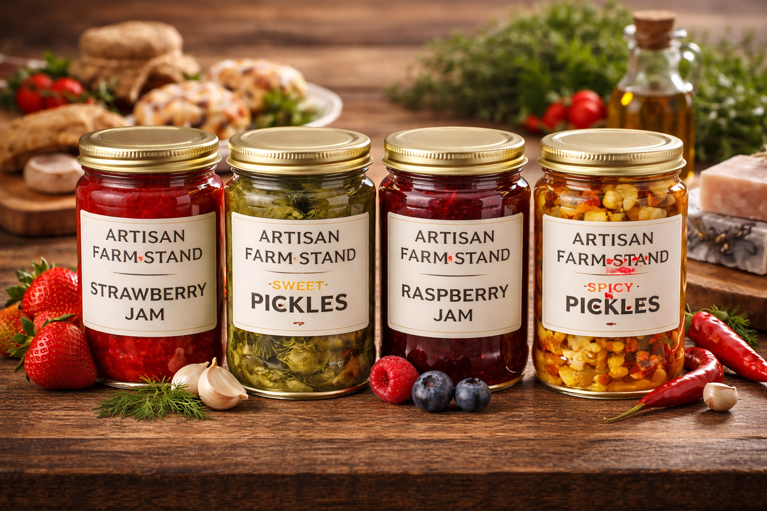 Four jars of jam and pickles with 'Artisan Farm Stand' labels on a wooden surface.