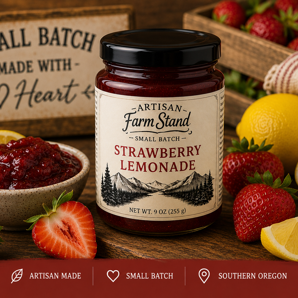 A jar of Strawberry Lemonade by Artisan Farm Stand is displayed on a rustic wooden table surrounded by fresh strawberries, lemons, and a bowl of the jam. A wooden sign in the background reads 'Small Batch Made with Heart'.