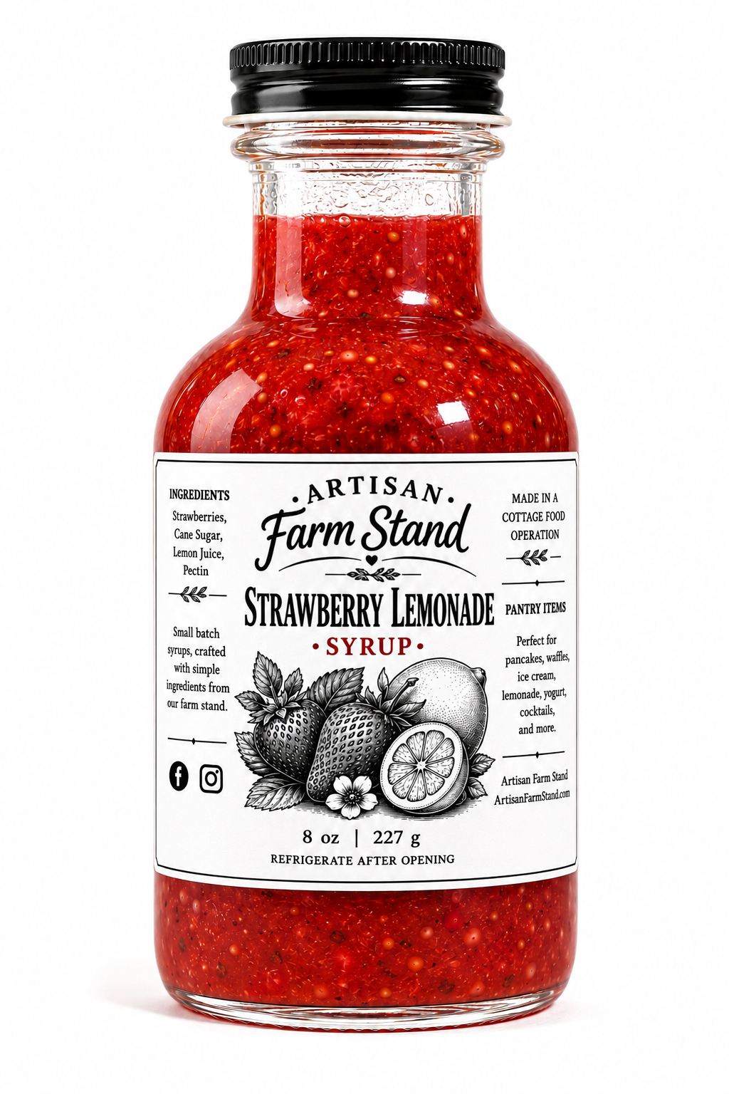 A clear glass bottle filled with bright red strawberry lemonade sauce, topped with a black metal cap and featuring a white paper label that reads 'Artisan Farm Stand Strawberry Lemonade Sauce'.