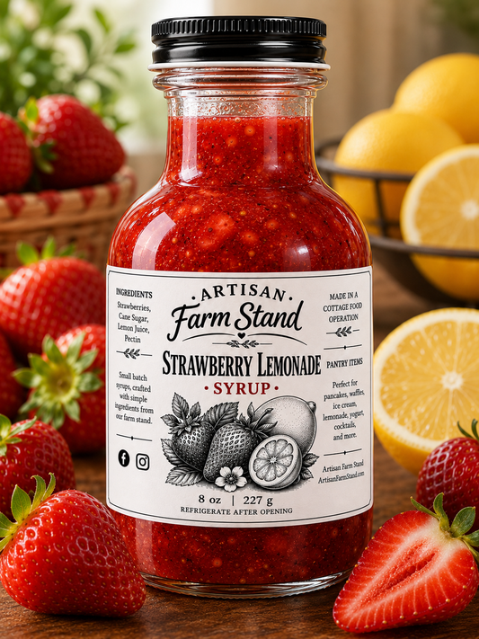 A bottle of Artisan Farm Stand Strawberry Lemonade Syrup, surrounded by fresh strawberries, lemons, and a rustic wooden table background.