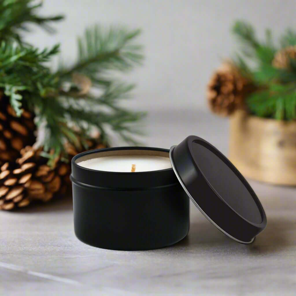 Sweater Weather 4 oz Candle tin, hand-poured soy wax, cozy autumn scent.