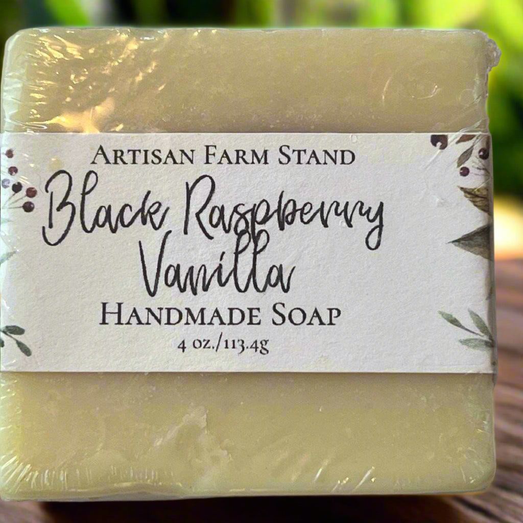 Artisan Farmstand's Black Raspberry Vanilla Bar Soap wrapped in packaging.