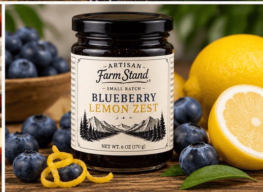 Jar of Artisan Farm Stand Blueberry Lemon Zest Jam, a small-batch blueberry and lemon fruit spread, 6 oz.