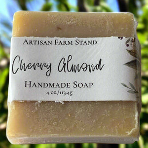 Cherry Almond Bar Soap with natural ingredients, aromatic cherry and almond scent, luxurious lather, and moisturizing benefits.