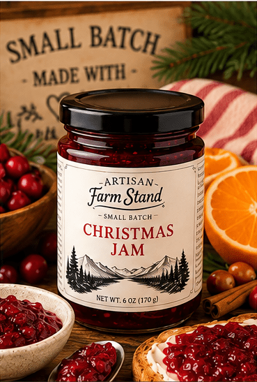 Jar of Artisan Farm Stand Christmas Jam, a small-batch holiday fruit spread with berries and festive spices, 6 oz.