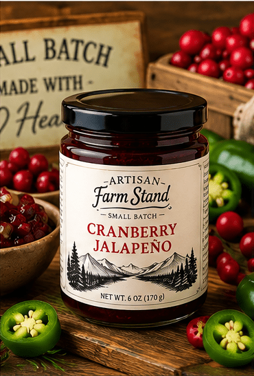 Jar of Artisan Farm Stand Cranberry Jalapeño Jam, a small-batch sweet and mildly spicy cranberry pepper spread, 6 oz.
