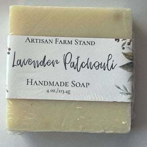 Lavender Patchouli Bar Soap by Artisan Farmstand in packaging, 4 oz.
