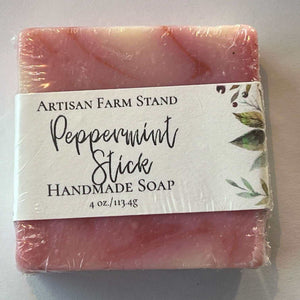 Artisan Farm Stand Peppermint Stick Bar Soap, handcrafted, festive packaging, invigorating peppermint scent.