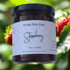 Artisan Farm Stand Strawberry Jam jar with black lid, showcasing premium handmade strawberry jam.
